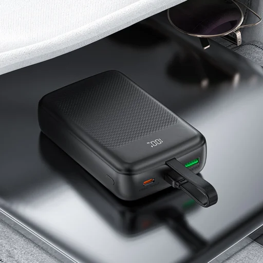 Acefast Power Bank (M14-20000) - Beépített Kábel, Type-C, USB, 20000mAh, 38.5Wh, PD22.5W, LED Kijelző - Fekete - 3