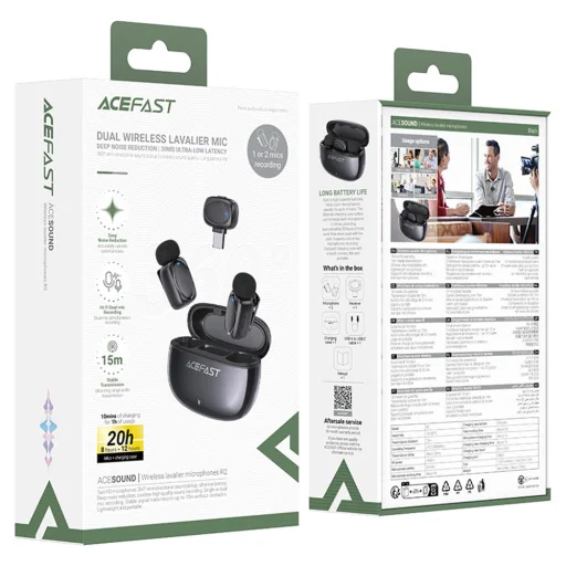 Acefast - Wireless Lavalier Microphones (R2) - Type-C, 360°, zajcsökkentés, dupla mikrofonos felvétel, 300mAh, ultra alacsony késleltetés - fekete - 4