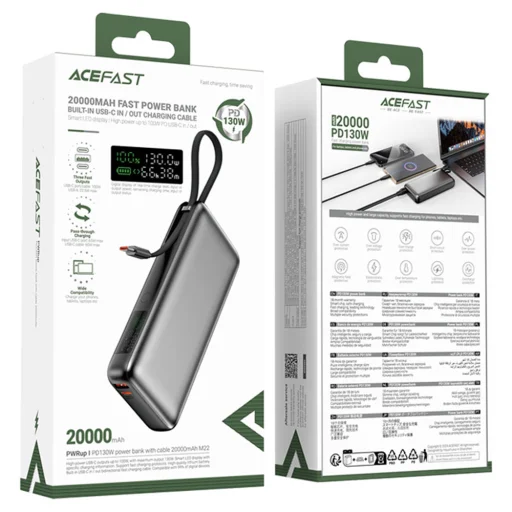 Acefast Power Bank (M22-20000) - Kábellel, Type-C, 20000mAh, 74Wh, PD130W, Kétirányú Gyors Töltés, LED Kijelző - Fekete - 5