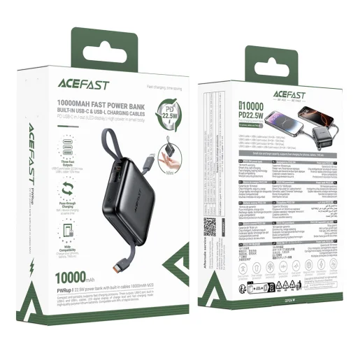 Power Bank Acefast M23-10000 - 2 beépített kábel, USB-C port, 10000mAh, 22.5W, kétirányú gyorstöltés, LED - Szürke - 8