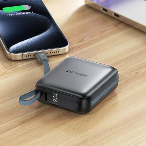 Power Bank Acefast M23-10000 - 2 beépített kábel, USB-C port, 10000mAh, 22.5W, kétirányú gyorstöltés, LED - Szürke - 7