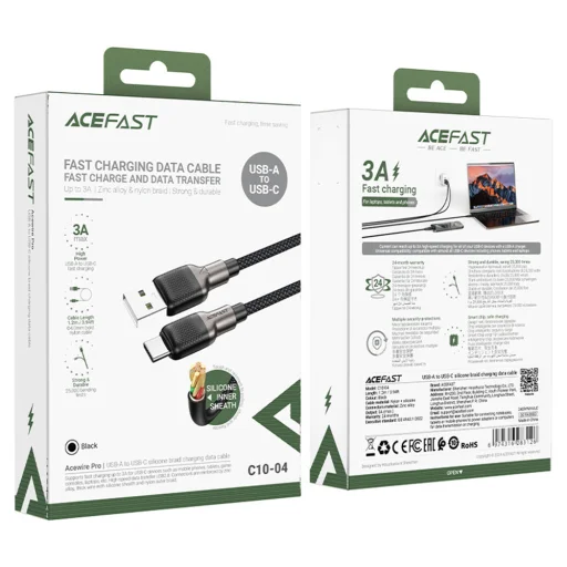 Acefast Gyors töltőkábellel USB-ről Type-C-re, 3A, 25.000 hajlítás, tartós szilikon, 1.2m - Fekete - 7