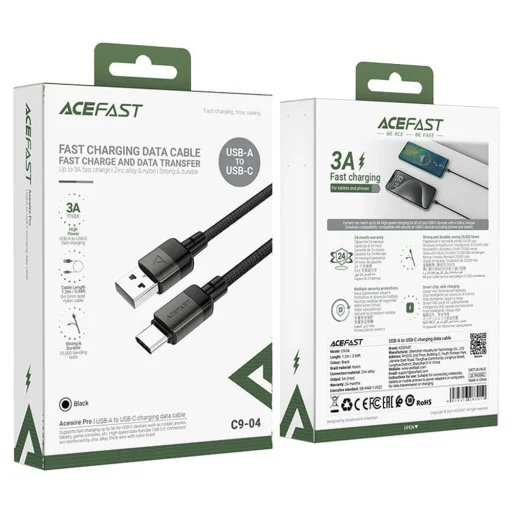USB Type-C ACEFAST Data Cable (C9-04) Gyors Töltés, 3A, Fonott Nylon, 25.000 Hajlítás, 1.2m - Fekete - 6