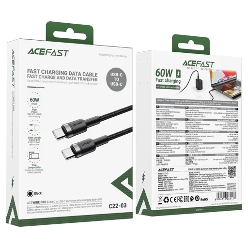 Acefast - Adatkábel (C22-03) - Gyors töltés, Type-C to Type-C, 60W, 3A, Nylon fonat, FCC, CE, RoHS, EAC, 1.2m - Fekete - 5