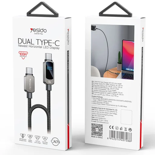 Yesido - Adatkábel (CA179) - Szupergyors töltés, digitális kijelzővel, Type-C to Type-C, 100W, 5A, 480Mbps, 1.2m - Fekete - 5