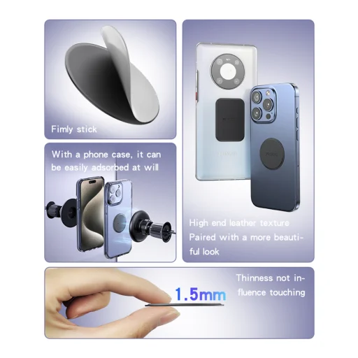 Universal Yesido MagSafe Adapter (C207) - Fémlemez, Kerek + Téglalap Alakú, Bőrmintás - Fekete - 5