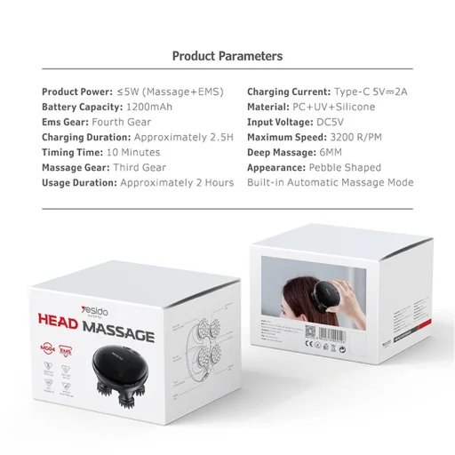 Yesido - Kézi Fejmasszírozó (MG04) - 4 fokozatú Fejkaparóval, Elektromos Izomstimulációval, 1200mAh, 3200 fordulat/perc - Fekete - 7
