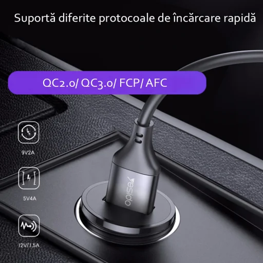 Yesido Autós Töltő (Y38) - USB, QC3.0, FCP, AFC, 18W, 3A - Fekete - 5
