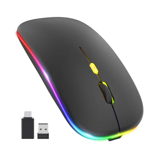 Vezeték nélküli egér (M1) Techsuit - Játékhoz, LED RGB, Csendes, Bluetooth 5.2, 2.4G, 1600 DPI USB-C Töltőkábellel - Fekete. - 1