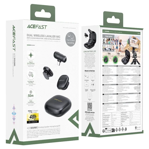  Acefast Wireless Lavalier Microphones (R1) - Type-C, 360° Felvételi Tartomány, Zajcsökkentés, 750mAh, Ultra-alacsony Késleltetés - Fekete - 9