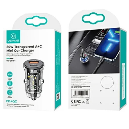 USAMS autós töltő 1xUSB+1xUSB-C C32 30W Gyors Töltés fekete CC164CC01 (US-CC164) - 8
