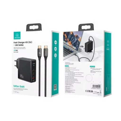 USAMS Töltő 2xUSB-C+1xUSB T52PD140W PD Gyors töltés US-CC168 + U82 USB-C/USB-C US-SJ581 kábel - 5