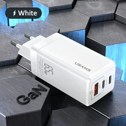 USAMS Falitöltő MT 2xUSB-C + USB GaN 65W T33 PD (csak fej) Gyors töltés fehér CC110TC02 (US-CC) - 2