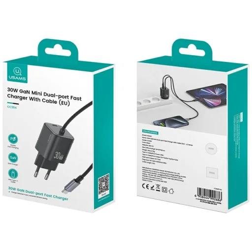 USAMS JC Series CC264 30W GaN Mini Gyors Töltő 2xUSB-C Fali Adapter Fekete - 10