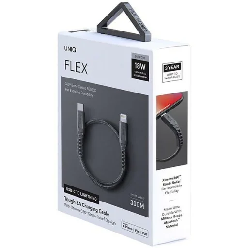 UNIQ Flex kábel USB-C-Lightning 18W nejlon 30 cm faszén szürke - 2