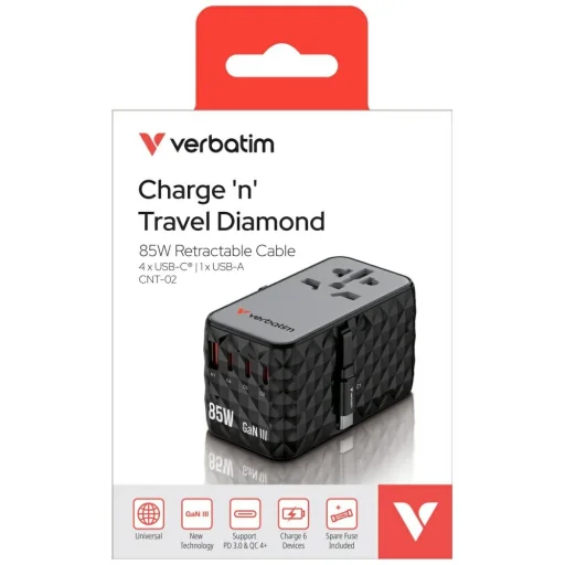 Verbatim EU/UK/US GaN USB-A/3xUSB-C PD 85W CNT-02 fekete utazó adapter - 7