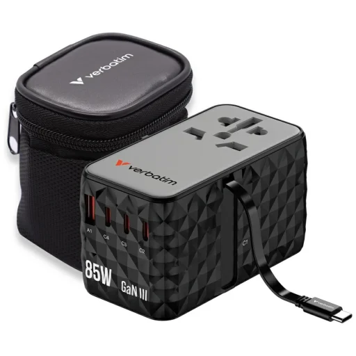Verbatim EU/UK/US GaN USB-A/3xUSB-C PD 85W CNT-02 fekete utazó adapter - 3