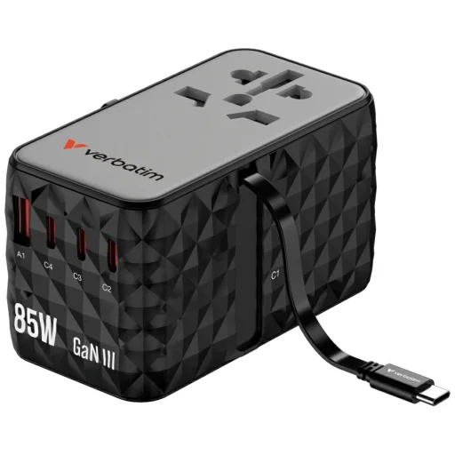 Verbatim EU/UK/US GaN USB-A/3xUSB-C PD 85W CNT-02 fekete utazó adapter - 1