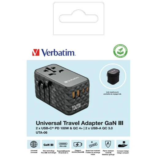 Verbatim Travel Adapter EU/UK/US GaN 2xUSB-A/2xUSB-C PD 100W UTA-06 fekete 32121 - 6