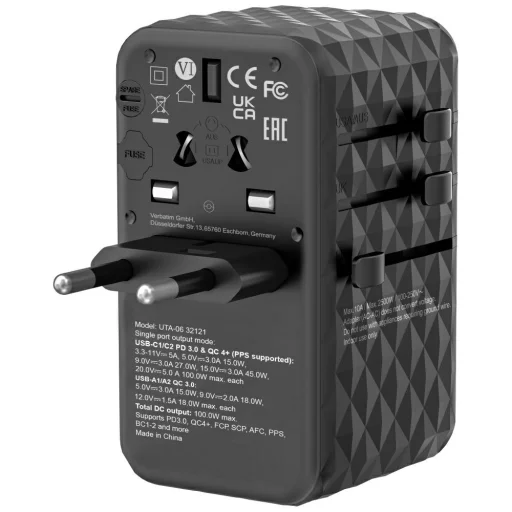 Verbatim Travel Adapter EU/UK/US GaN 2xUSB-A/2xUSB-C PD 100W UTA-06 fekete 32121 - 2