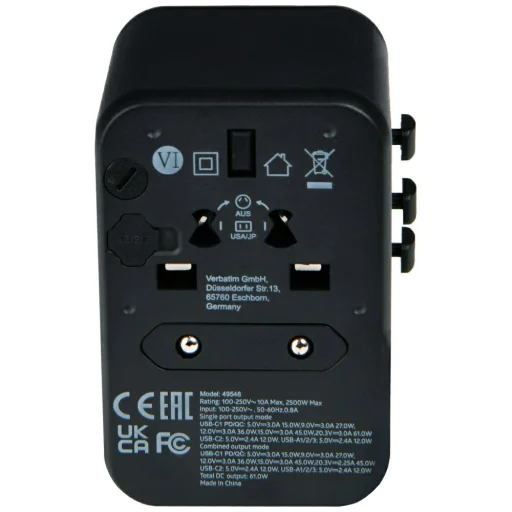 Verbatim UTA-04 Utazó Adapter EU/UK/US 3xUSB-A/2xUSB-C PD 61W Fekete - 3