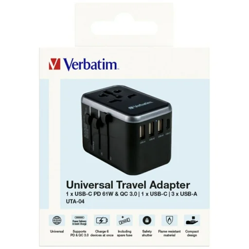 Verbatim UTA-04 Utazó Adapter EU/UK/US 3xUSB-A/2xUSB-C PD 61W Fekete - 5