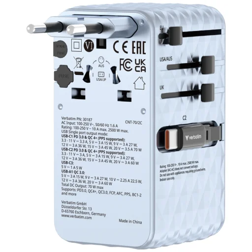 Verbatim Travel Adapter EU/UK/US GaN 1xUSB-C/1xUSB-A/2xUSB-C PD 70W kék 30187 - 2