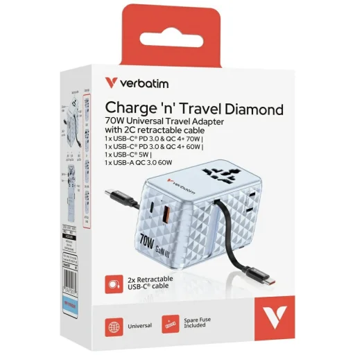 Verbatim Travel Adapter EU/UK/US GaN 1xUSB-C/1xUSB-A/2xUSB-C PD 70W kék 30187 - 5