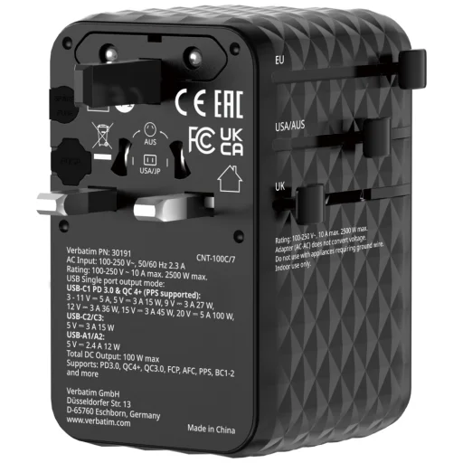 Verbatim Utazóadapter EU/UK/US GaN 2xUSB-C/2xUSB-A/1xUSB-C PD 100W fekete - 5