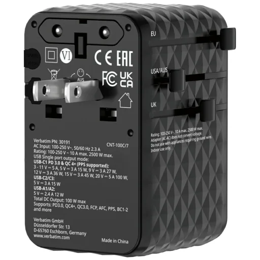 Verbatim Utazóadapter EU/UK/US GaN 2xUSB-C/2xUSB-A/1xUSB-C PD 100W fekete - 6