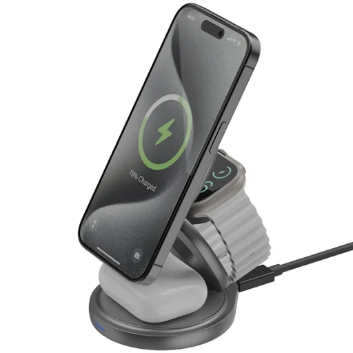 iPhone Gyre Összecsukható 3 az 1-ben Vezeték nélküli Töltő Forgatható Alappal 15W Gyors Töltés - Sötétszürke - 5