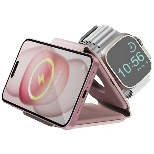 ENERGEA Bazic GoMag Trio Plus Kompakt Összecsukható 3 az 1-ben Vezeték nélküli Töltő 15W Gyors Töltés Rózsaszín - 2