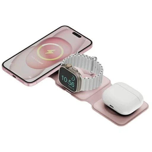 ENERGEA Bazic GoMag Trio Plus Kompakt Összecsukható 3 az 1-ben Vezeték nélküli Töltő 15W Gyors Töltés Rózsaszín - 1