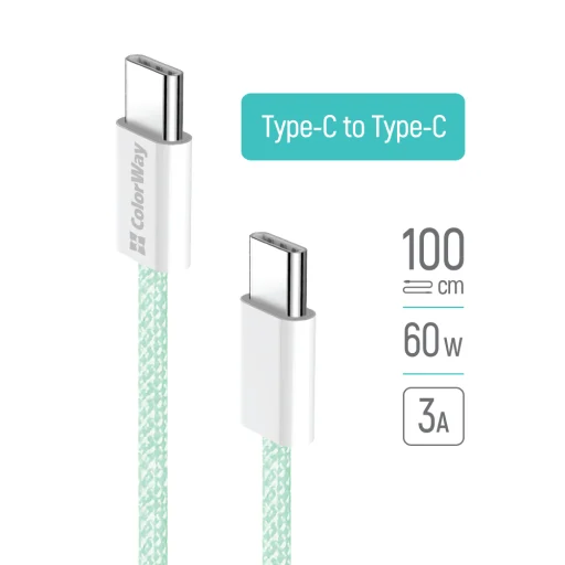 MacBook Pro Számítógép ColorWay Data Cable (CW-CBPDCC061-G), Type-C to Type-C, PD Gyors Töltés 60W, 3A, Nylon, 1m - Zöld - 2