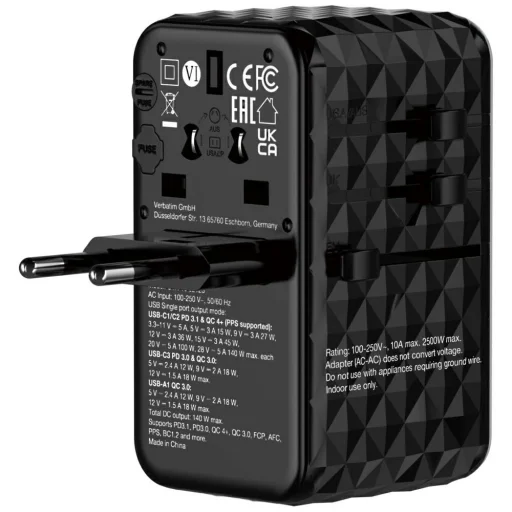 Verbatim UTA-10 GaN USB-A/3xUSB-C PD 140W Utazó Adapter fekete - 2