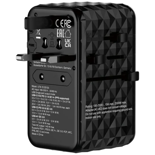 Verbatim UTA-10 GaN USB-A/3xUSB-C PD 140W Utazó Adapter fekete - 3