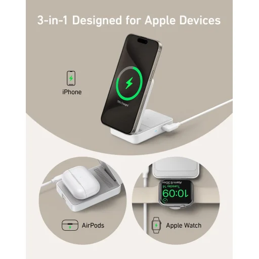 Anker Vezeték nélküli töltőállomás MagGo 3in1, 15W, 1.67A, Fehér B2557321 - 8