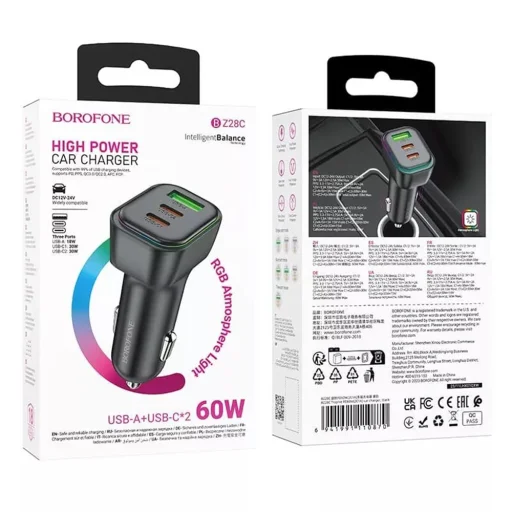 Borofone Autós Töltő Trophie (BZ28C) - 1x USB, 2x Type-C, Nagy Teljesítmény, PD, PPS, QC3.0, FCP, AFC, 60W, RGB, 12-24V - Fekete - 7