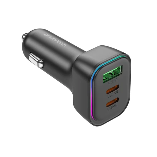 Borofone Autós Töltő Trophie (BZ28C) - 1x USB, 2x Type-C, Nagy Teljesítmény, PD, PPS, QC3.0, FCP, AFC, 60W, RGB, 12-24V - Fekete - 3