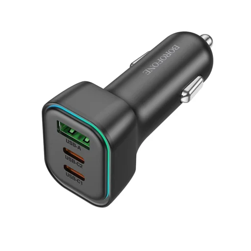 Borofone Autós Töltő Trophie (BZ28C) - 1x USB, 2x Type-C, Nagy Teljesítmény, PD, PPS, QC3.0, FCP, AFC, 60W, RGB, 12-24V - Fekete - 5