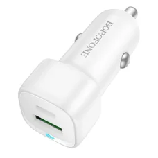 Autós töltő Borofone Cloud (BZ34B) - Type-C + USB-A, PD20W, QC3.0, Két portos, 38W, ABS - Fehér