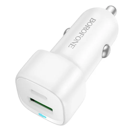 Autós töltő Borofone Cloud (BZ34B) - Type-C + USB-A, PD20W, QC3.0, Két portos, 38W, ABS - Fehér - 1