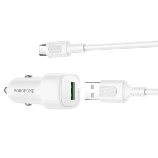 Borofone - Cloud autós töltő (BZ34) - USB-A/C kábel mellékelve, Egy portos USB-A, 18W (QC/FCP/AFC), ABS, 12-24V DC-hez - Fehér - 2