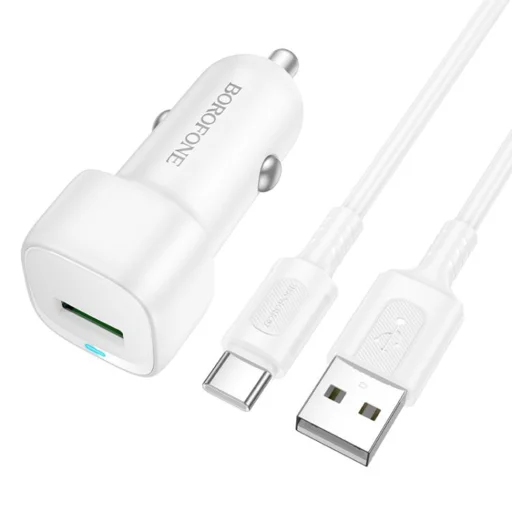 Borofone - Cloud autós töltő (BZ34) - USB-A/C kábel mellékelve, Egy portos USB-A, 18W (QC/FCP/AFC), ABS, 12-24V DC-hez - Fehér - 1