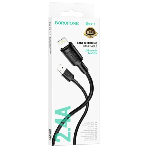 Data Cable Borofone Feliz Series (BX111) - USB to Lightning, PVC, Univerzális, 60W, 2.4A, 1m - Fekete - 4