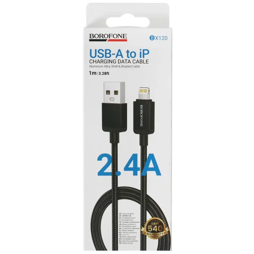 Borofone Data Cable Placer Series (BX120) - USB to Lightning 2.4A, 1m Alumínium Ötvözet Házzal, Nylon Fonott Kábel - Fekete - 2