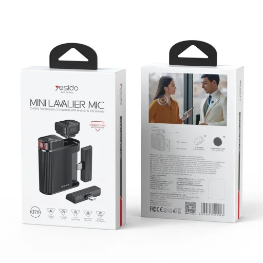 Lavalier Microphone 2in1 (KR19) - Fekete Yesido - Mágneses gomb, CD-minőségű hang, 360°-os körirányú, 600mAh, 2.4GHz - 12