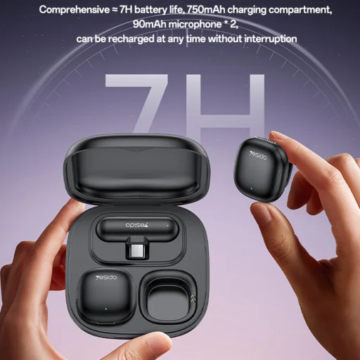 Yesido - (2 Darabos) Vezeték nélküli Lavalier Mikrofonok (KR20) - 3in1 Vevő, Lightning, AI zajcsökkentés, 2.4GHz - Fekete - 8