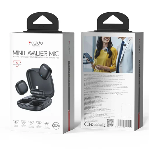 Yesido - (2 Darabos) Vezeték nélküli Lavalier Mikrofonok (KR20) - 3in1 Vevő, Lightning, AI zajcsökkentés, 2.4GHz - Fekete - 9