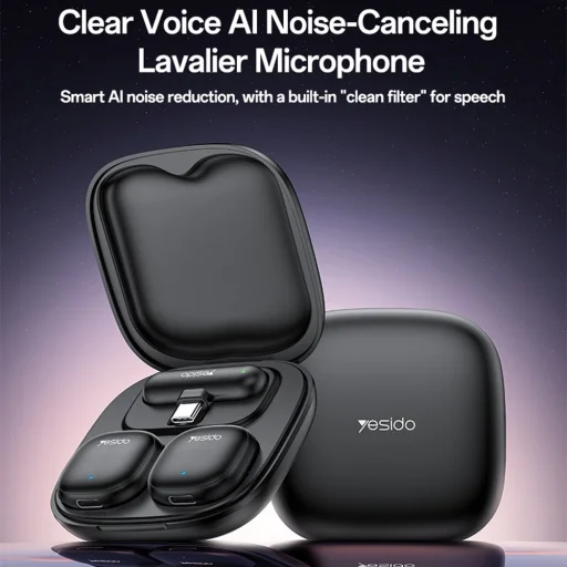 Yesido - (2 Darabos) Vezeték nélküli Lavalier Mikrofonok (KR20) - 3in1 Vevő, Lightning, AI zajcsökkentés, 2.4GHz - Fekete - 2
